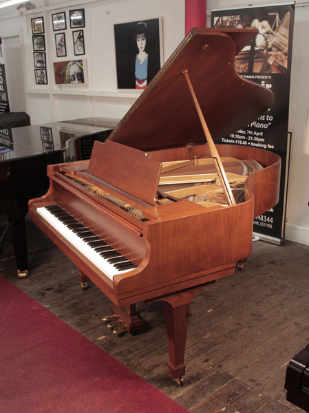 Reconditioned, 1978, Kawai KG-2C grand piano for sale with a polished, walnut case and spade legs. 