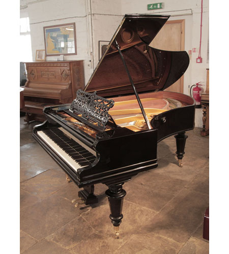 Restored, 1902, Bechstein Model V grand piano for sale with a black case, filigree music desk and turned, faceted legs. Piano has an eighty-eight note keyboard and a two-pedal lyre.  