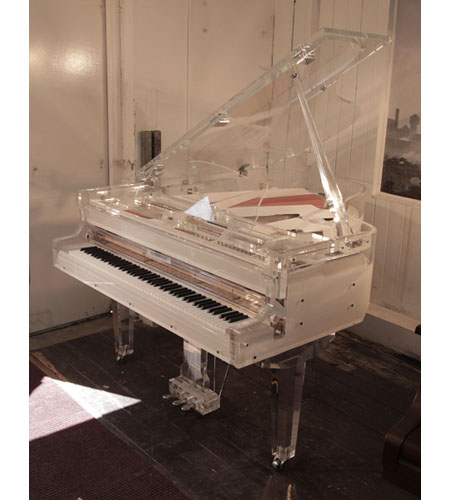 Brand new, Besbrode Model 170 Grand piano for sale with a transparent, acrylic, crystal case and chrome fittings. Piano has an eighty-eight note keyboard and a three-pedal lyre.  