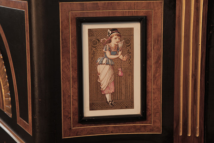 Hand-painted ceramic tile mounted on piano cabinet edged with a black border and gold embossed, patterned background. Tile depicts a a coy girl holding a fan and purse