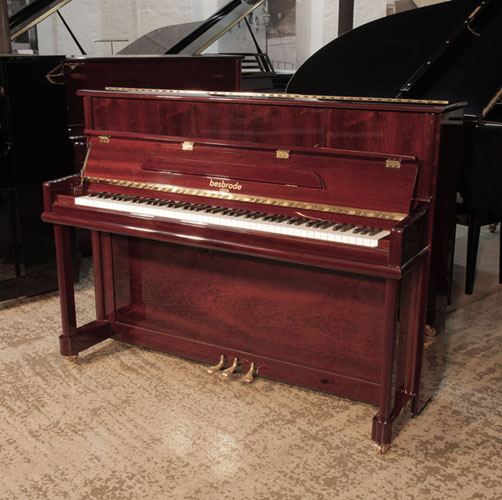 Reconditioned 2016, Besbrode SU112 upright piano for sale with a mahogany gloss case and brass fittings