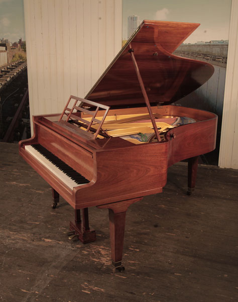 A 1927, Bluthner grand piano with a polished, rosewood case. Piano has gate legs attached with a cross stretcher  Piano has an eighty-eight note keyboard and a two-pedal lyre