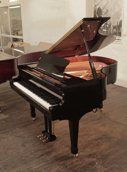 Reconditioned, Edelweiss G66 grand piano for sale with a black gloss case and fitted iQ Pianodisc player system. Piano has a three-pedal lyre and an eighty-eight note keyboard. 