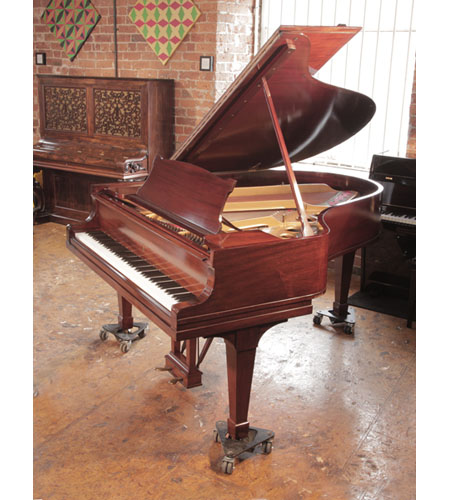 Reconditioned 1926, Steinway Model O grand piano for sale with a polished, mahogany case spade legs. Piano has an eighty-eight note keyboard and a two-pedal lyre.  